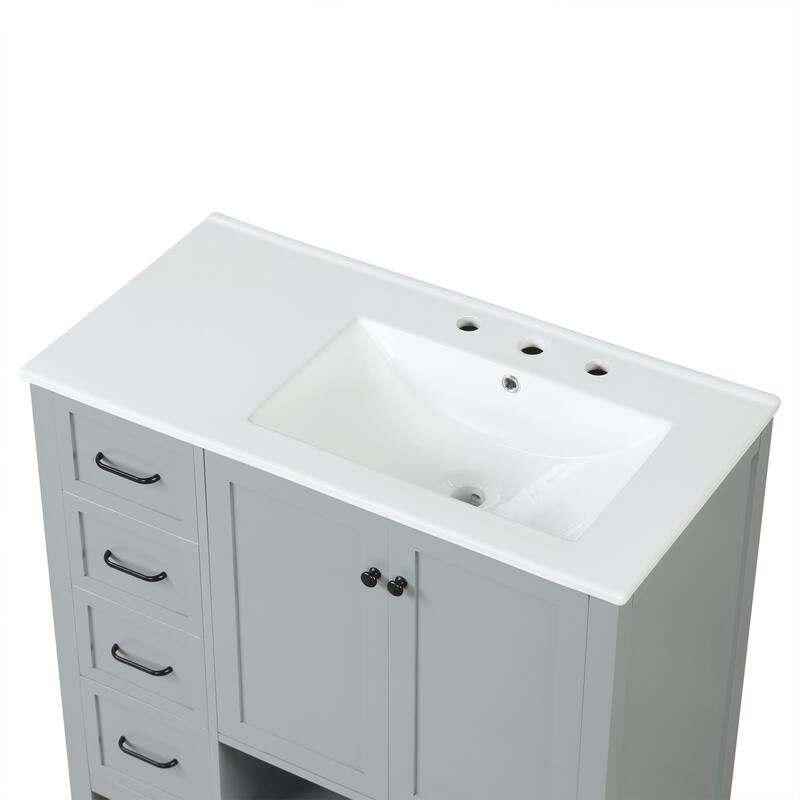 Freestanding Storage Cabinet Bathroom Vanity with Drop-In Sink, Ceramic Top, 2 Doors, 2 Drawers and Open Shelf