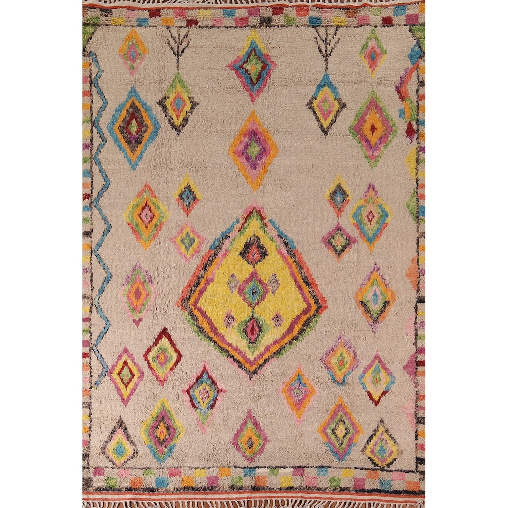 Geometric Plush Moroccan Oriental Rug Hand-Knotted Wool Carpet - 7'5" x 10'8"
