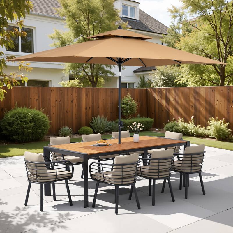 9/11-Piece Outdoor Patio Dining Set w/10 ft Umbrella and Base Aluminum Dining Table and Dining Chairs with Sunbrella Cushions