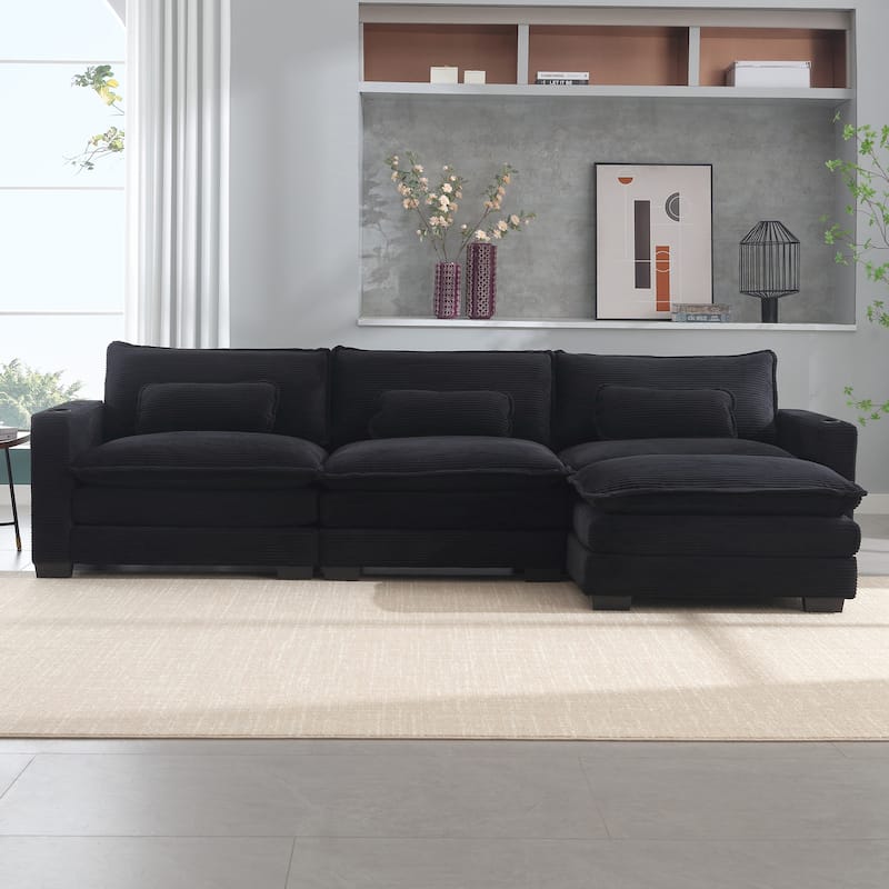 Stripe Corduroy Sofa with USB and Cup Holders, L Shape Chaise with Ottoman and Lumbar Pillows, 3 Seater Convertible Lounge Couch