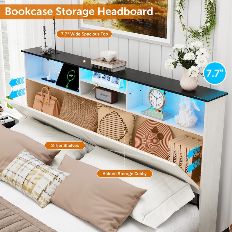 Farmhouse Full/Queen Bed Frame with Storage Headboard, Charging Station and RGB LED Lights, MDF and Steel Platform Bed