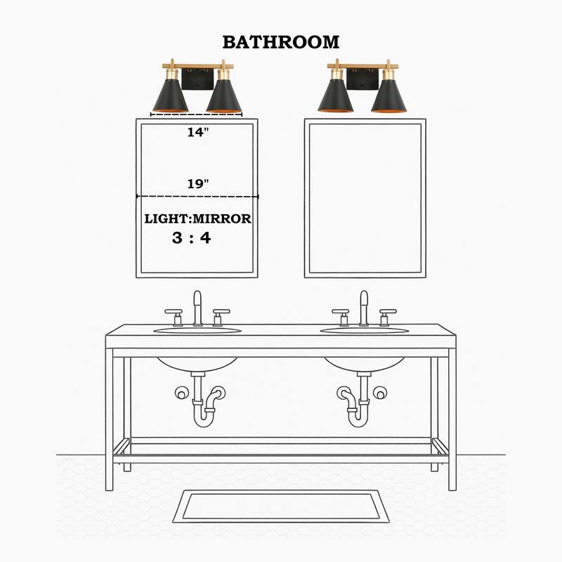 Reuel Modern Black Gold 2-Light Bathroom Vanity Lights Linear Wall Sconces for Powder Room - 14'' L x 7.5'' W x 8.5'' H