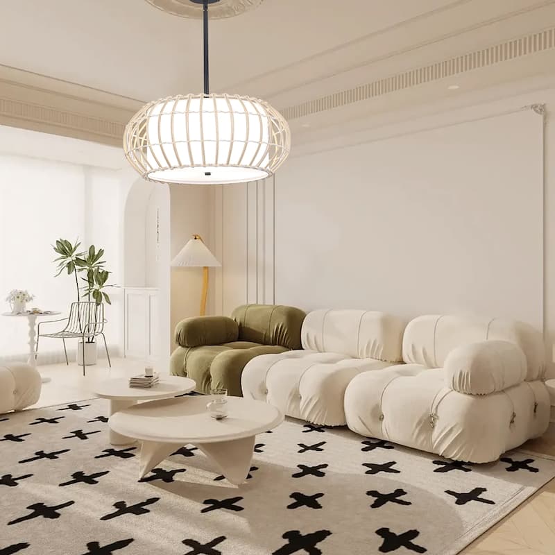 3 - Light Dimmable Rattan - Wrapped Oval Drum Chandelier - Black - N/A