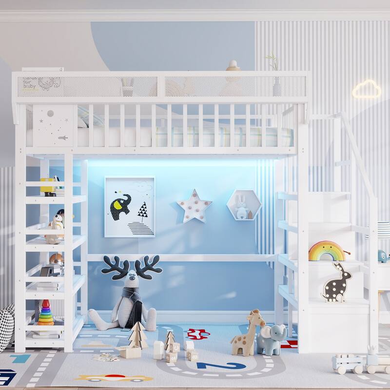 Full Size Metal Loft Bed with Charging Station and 4-Shelf Storage, Kids & Teens Loft Bed with Storage Stairs