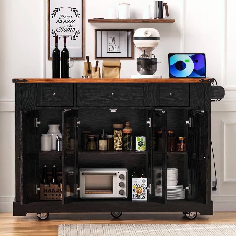 53'' Rolling Farmhouse Kitchen Island - Two Glass Cabinet Doors with Power Outlet