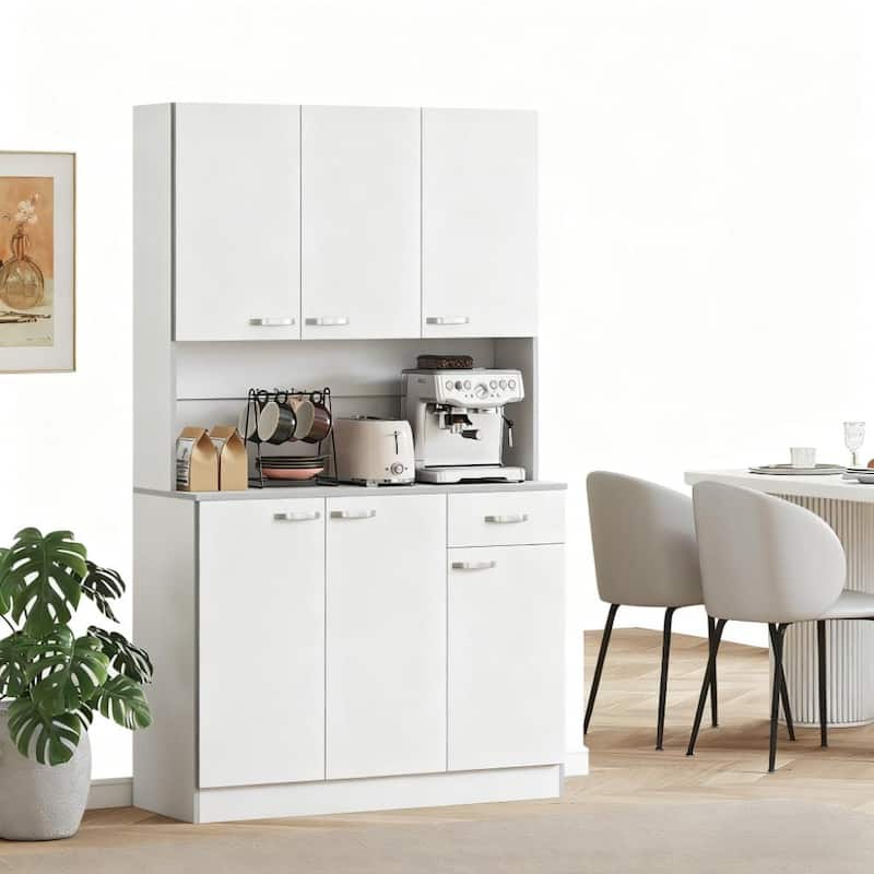 71" Kitchen Pantry Cabinet, Large Pantry Storage Cabinet with Microwave Stand, Wood Hutch Food Pantry with Open Countertop
