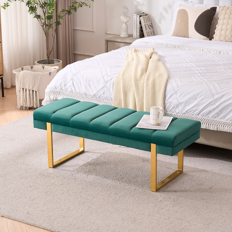 Upholstered Bedroom Bench Tufted Entryway Bench Modern End of Bed Bench Dining Bench with Gold/Black Metal Legs for Window