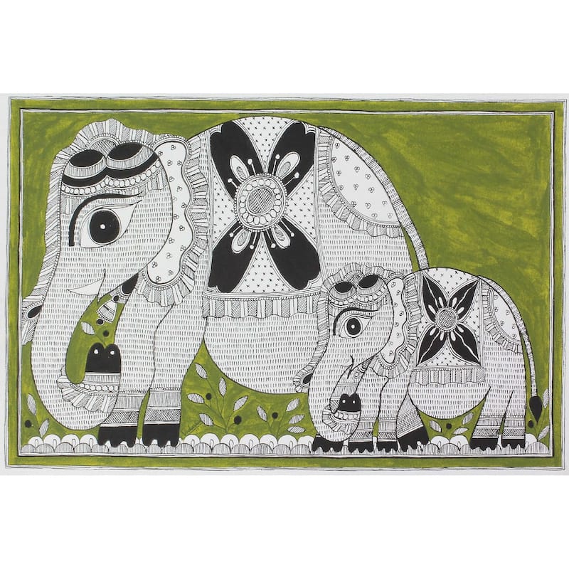 Novica Handmade Elephant Connection Madhubani Painting