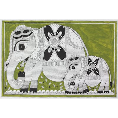 Novica Handmade Elephant Connection Madhubani Painting