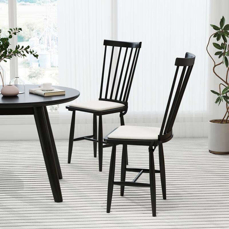 Set of 2 Windsor Dining Chairs with Cushioned Linen Seats and Solid Rubber Wood Frame - 20.5" x 16" x 38"
