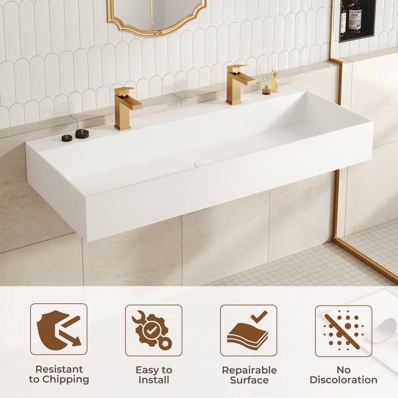 Solid Surface Wall-Mounted Rectangular Bathroom Sink with Pop-Up Drain, Modern Floating Wash Basin with Center Drain
