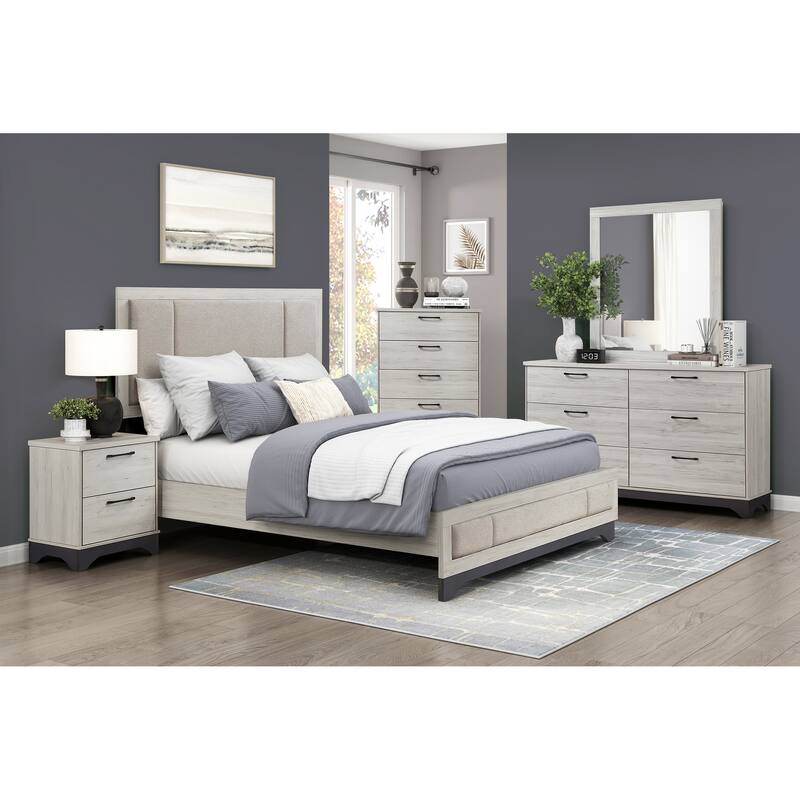 Modern Two-Tone White Oak & Gray Upholstered Queen Platform Bed with Headboard and Footboard