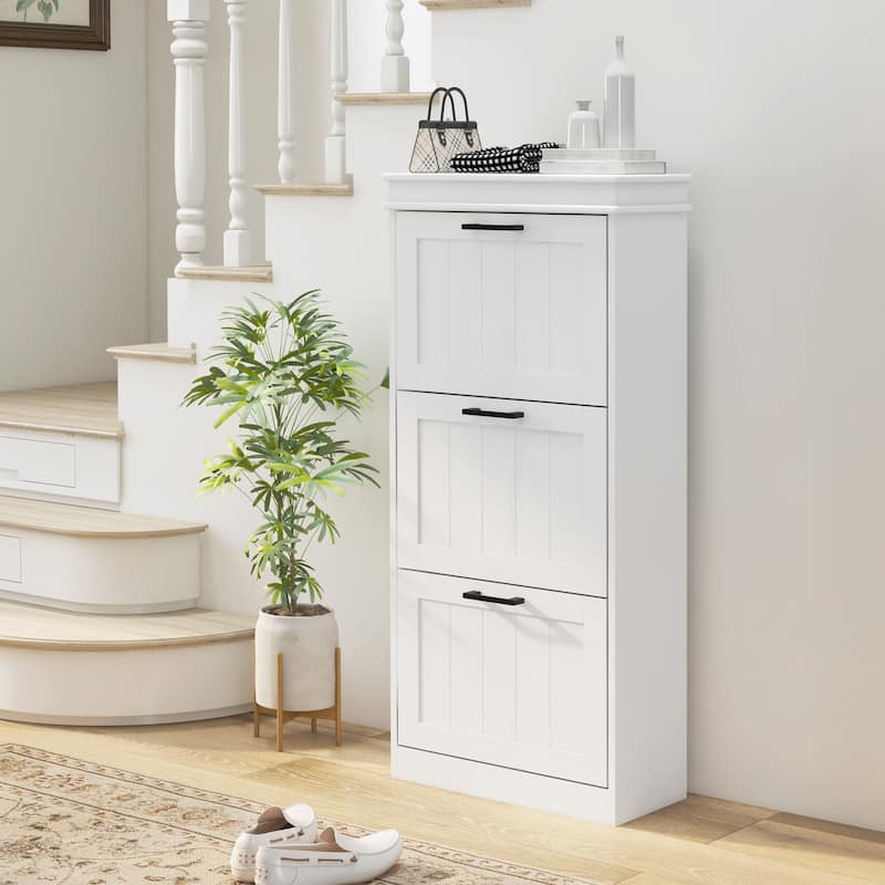 HOMCOM Shoe Cabinet for Entryway, Narrow Shoe Rack Storage Organizer with 3 Flip Drawers and Adjustable Shelves