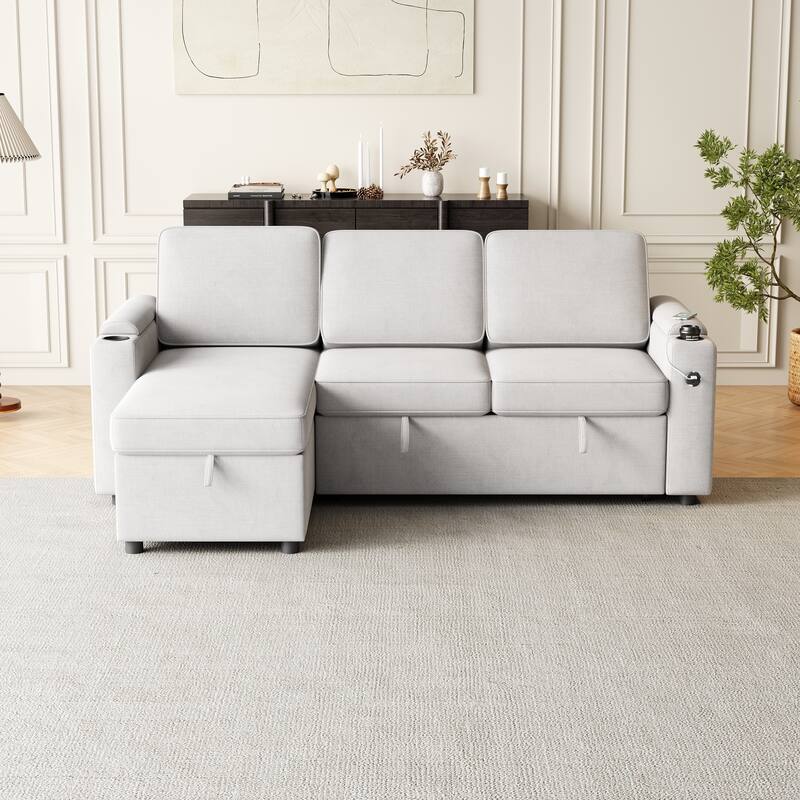 2 in 1 Pull Out Sofa Bed with Storage Chaise, 85.8" Reversible Sleeper Sofa with Pulley for Livingroom L Shaped Sectional Sofa