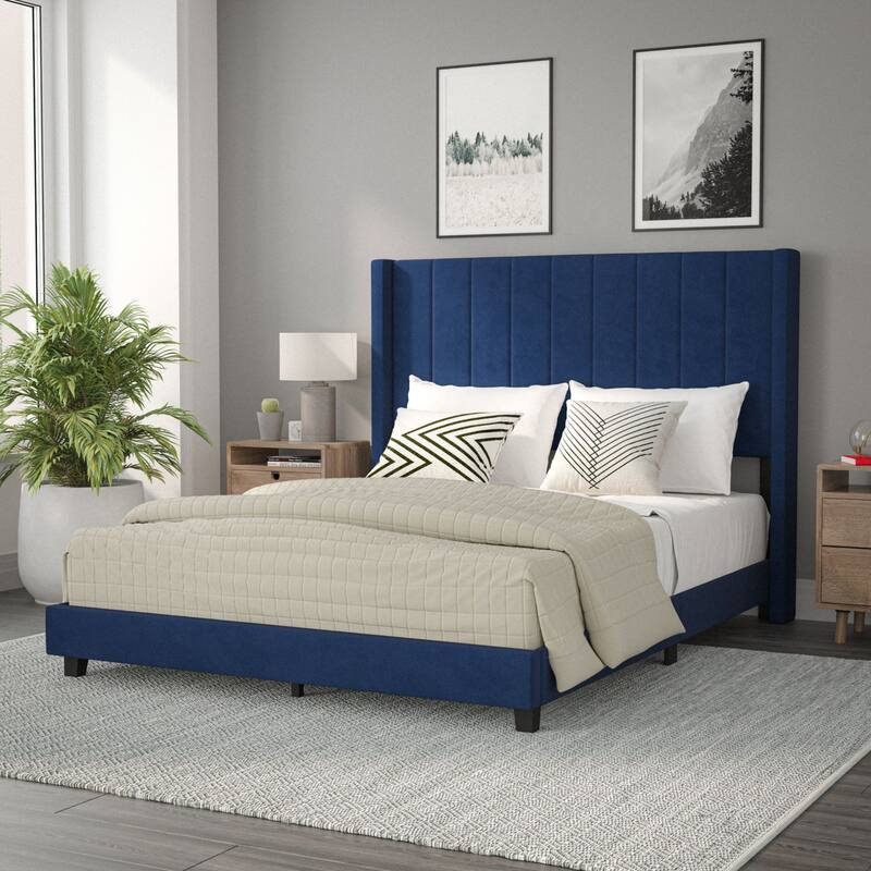 Upholstered Platform Bed with Wingback Headboard - Navy Velvet - Queen