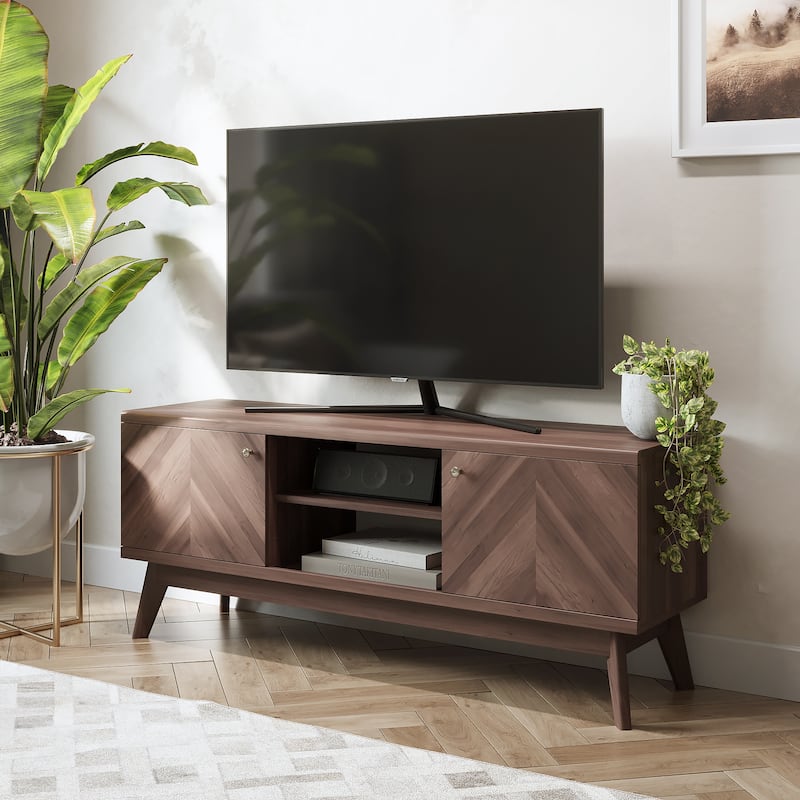 Living Skog Scandi Mid-Century Modern Herringbone TV Stand for TV Up to 65 Inches with Wooden Legs