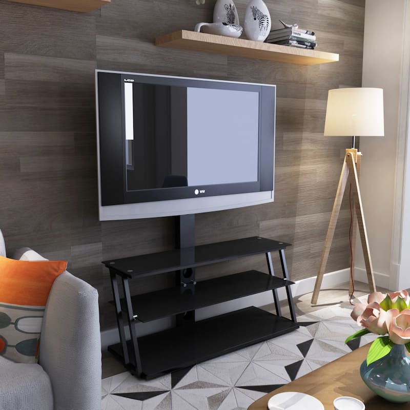 Modern Black Multi-Function Adjustable Tempered Glass TV Stand Entertainment Center