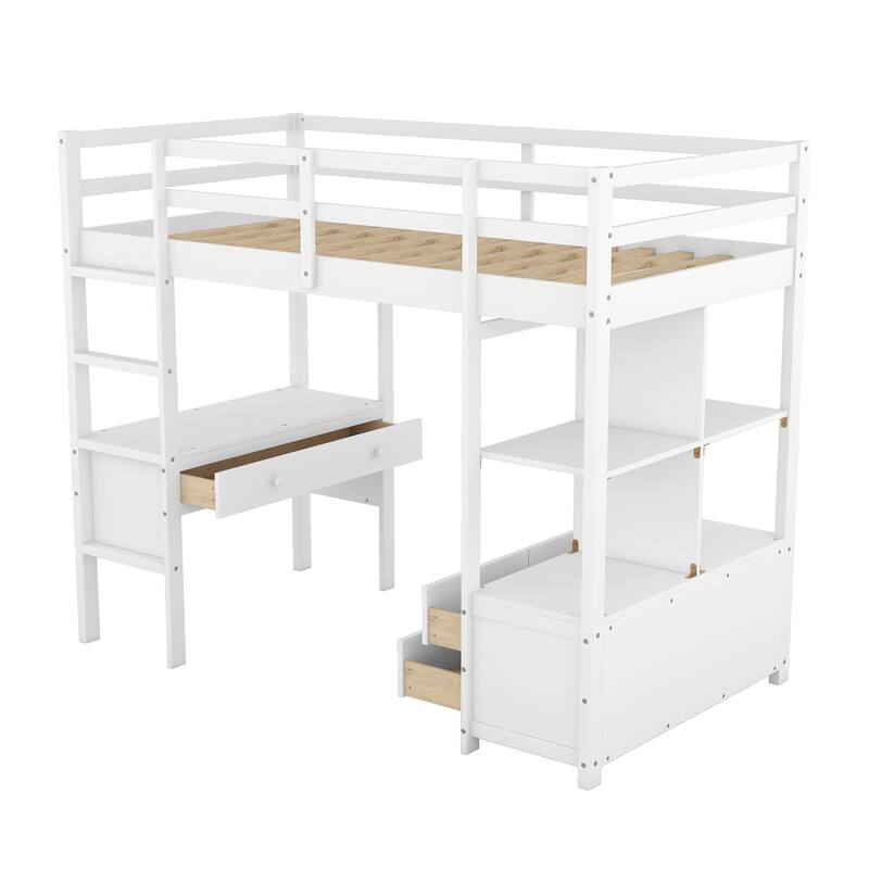 Twin/Full Loft Bed with Desk, Multiple Storage Shelves, Drawers, and Sturdy Pine Wood Frame