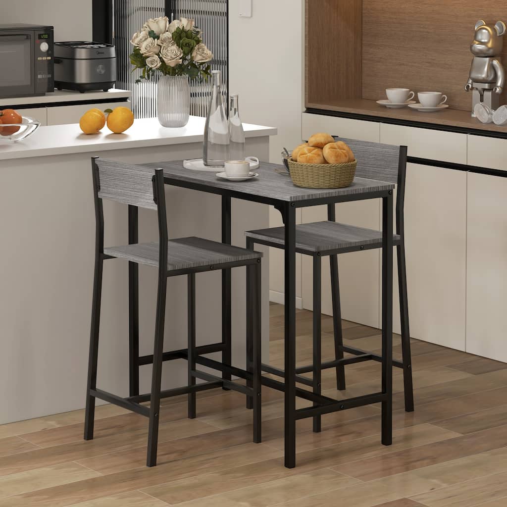 Grey Kitchen Side Table and Back Dining Chairs with Steel Legs, Simple 3-Piece Table and Chairs Set for 2