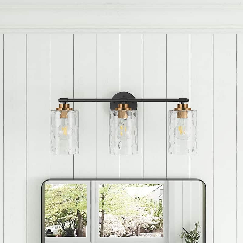 Modern 3-Light Clear Water Ripple Glass Shades Vanity Light Fixture for Bathroom - Black/Gold