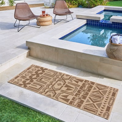 Reyn Spooner Kona Coast Kappa Brown Hawaiian Tribal Flatweave Indoor/ Outdoor Area Rug Runner - 2'2" x 6'