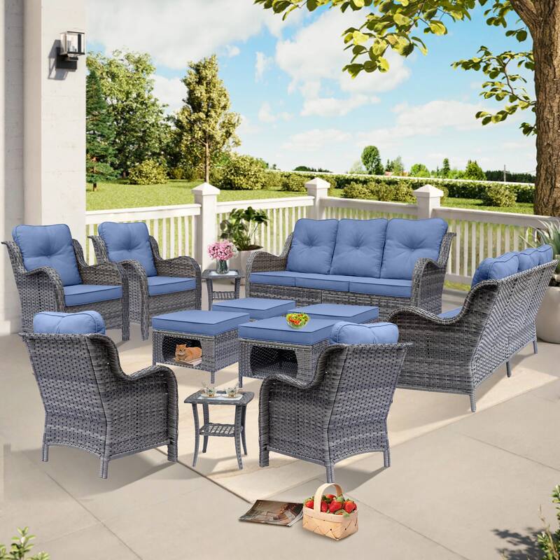 Gray Rattan Wicker High Back Outdoor Patio Furniture Sofa Seating Set