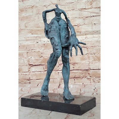 Abstract Surrealist Bronze Sculpture Of Elongated Human Form On Base