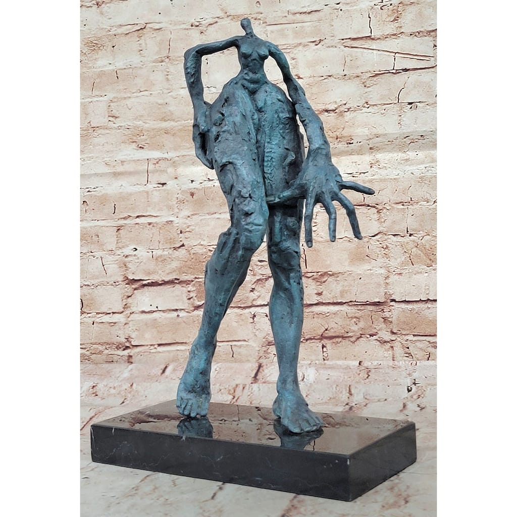 Abstract Surrealist Bronze Sculpture Of Elongated Human Form On Base