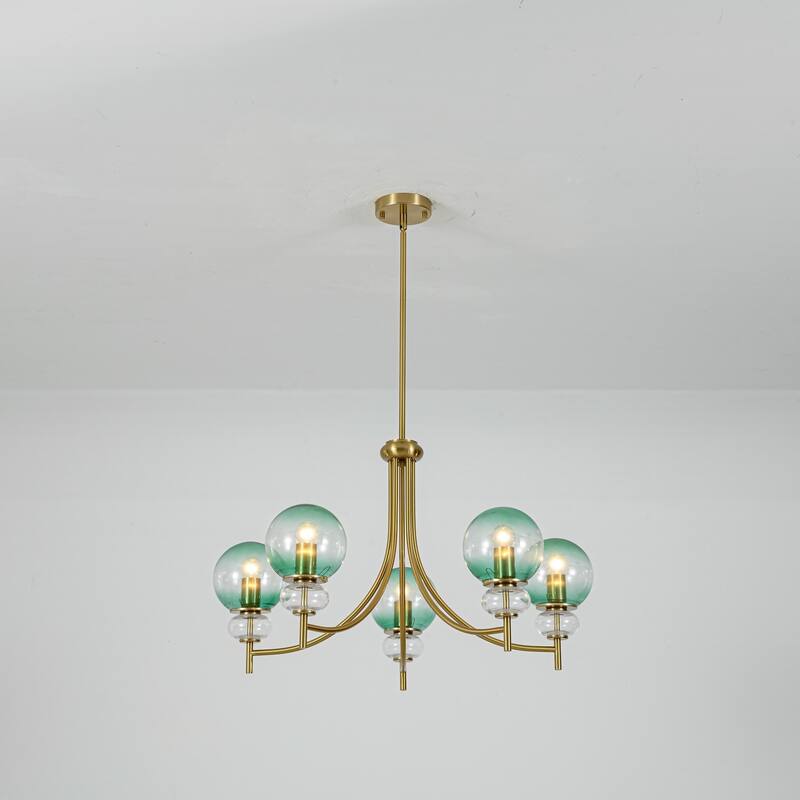 5-Light Mid-Century Modern Luxury Green Sputnik with Open/Bubble Glass Globe Shades Chandelier for Dining Room, Living Room - 30.7 in. W x 17.7 in H x 30.7 in. D - Bubble Glass Globe Shade