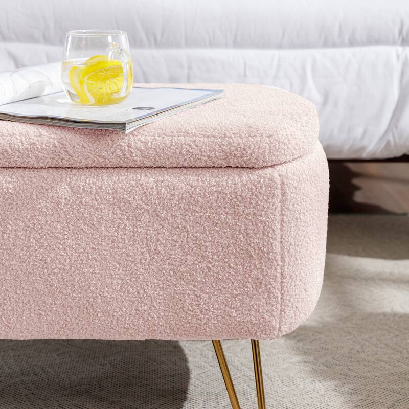 Modern Faux Fur Storage Ottoman Bench with Gold Legs for Living Room, Bedroom, Entryway