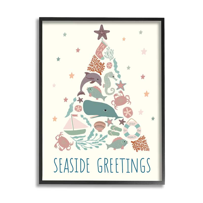 Stupell Seaside Greetings Aquatic Animals Botanicals Christmas Tree Framed Giclee Art Design By Darlene Seale - 24 x 30 - Black