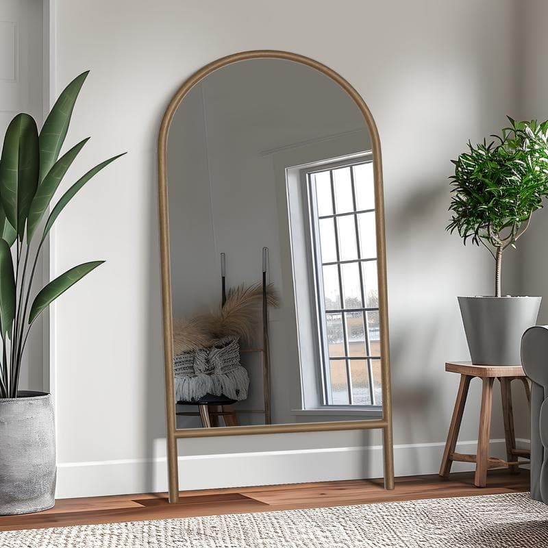 Ladder-Style Arched Solid Wood Framed Full Length Leaning Mirror - 71"x31" - Brown-Arched