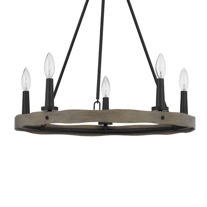 Stomy 23 Inch Chandelier, Brown Wood Wheel Design, Black Metal Chain