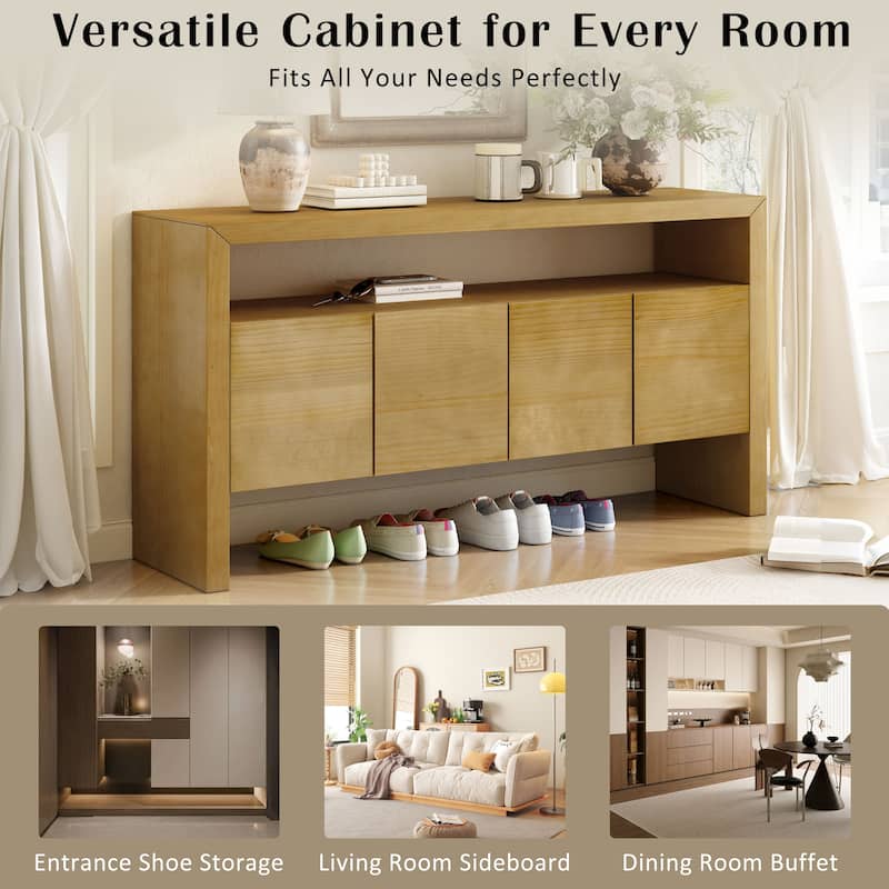 4-Door Sideboard, Modern Minimalist Solid Wood Veneer Sideboard with Open Shelf, Natural Wood Grain, for Living Room, Dining