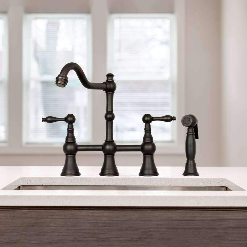 Two-Handles Bridge Kitchen Faucet with Side Sprayer 8-3/8 Inch High Arc