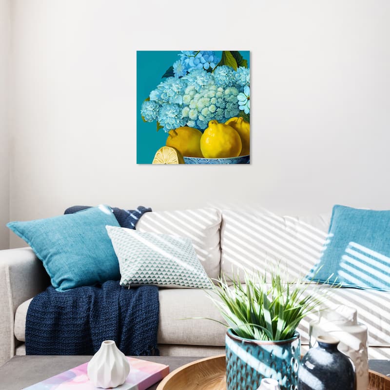 Wynwood Studio Canvas Floral and Botanical Hydrangeas and Lemons Blue and Teal Traditional Wall Art Canvas Print - 20 x 20