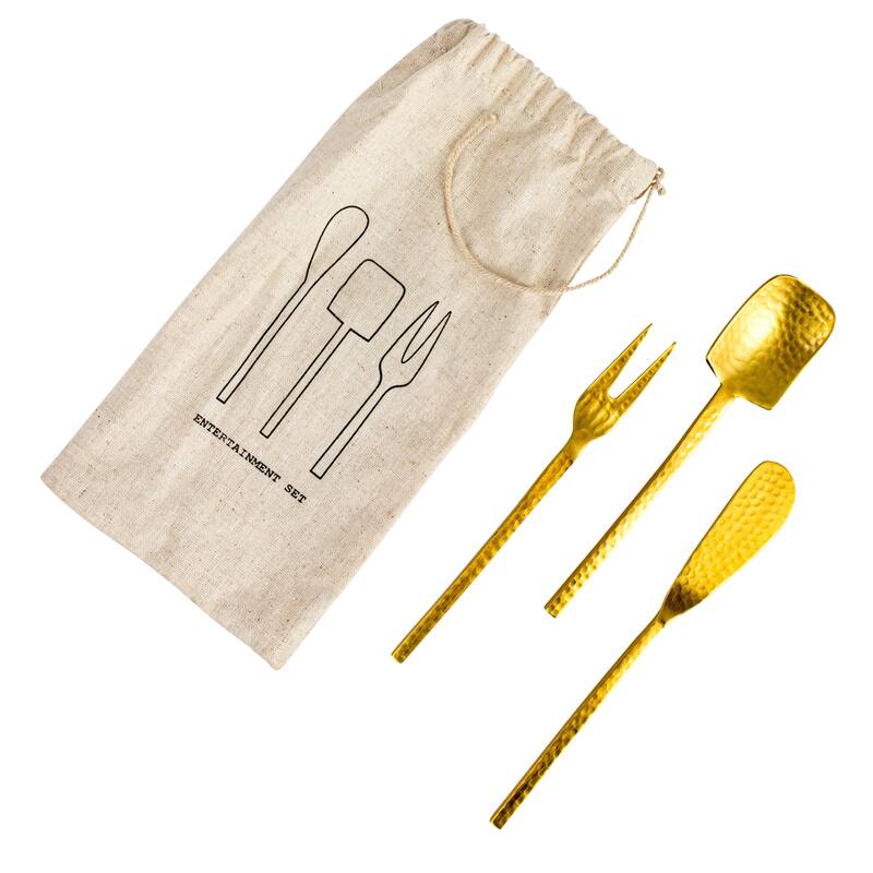 Hammered Stainless Steel Appetizer Utensils in Printed Drawstring Bag - 6.3"L x 0.8"W x 0.3"H