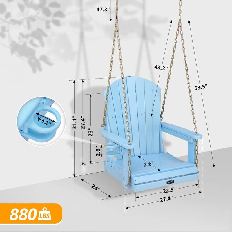 1-Person HDPE Porch Swing Outdoor with Rotatable Cup Holder and Adjustable Chains - N/A