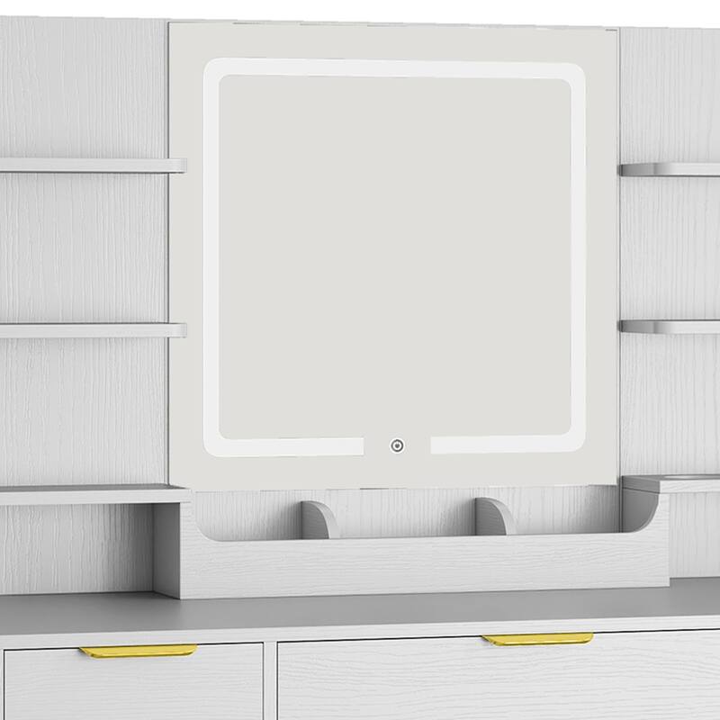 Moasis 9 Drawers Bedroom Vanity Desk,Makeup Vanity with Lighted Mirror and 9 Open Shelves