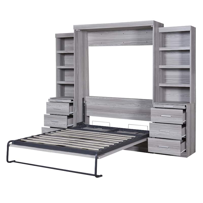Gray Full Size Wooden Wall Murphy Bed with 2 Side Cabinets