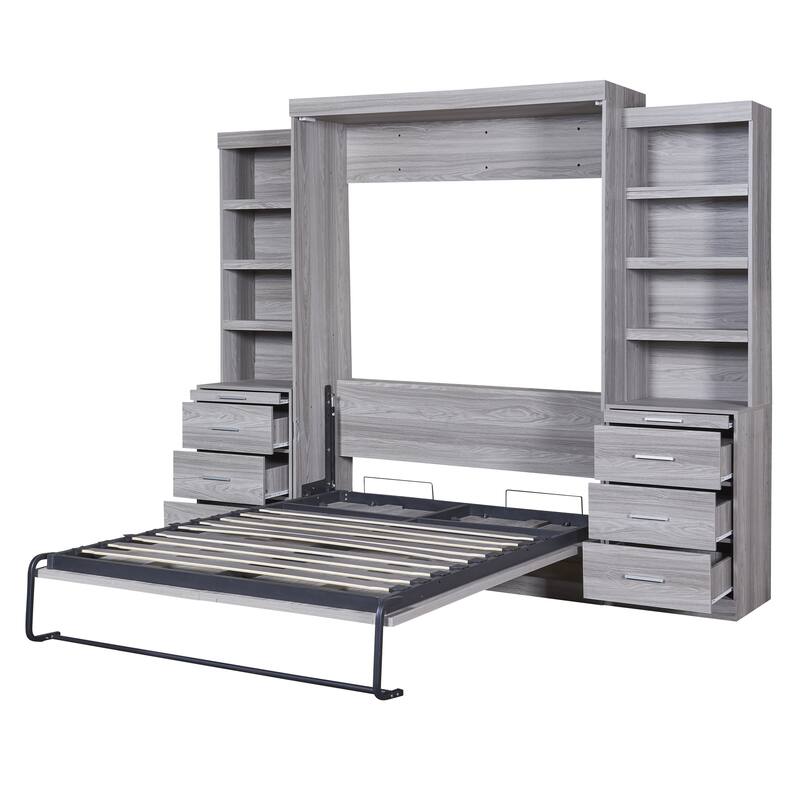 Space-Saving Full Size Murphy Bed with Storage Shelves and Drawers, Gray