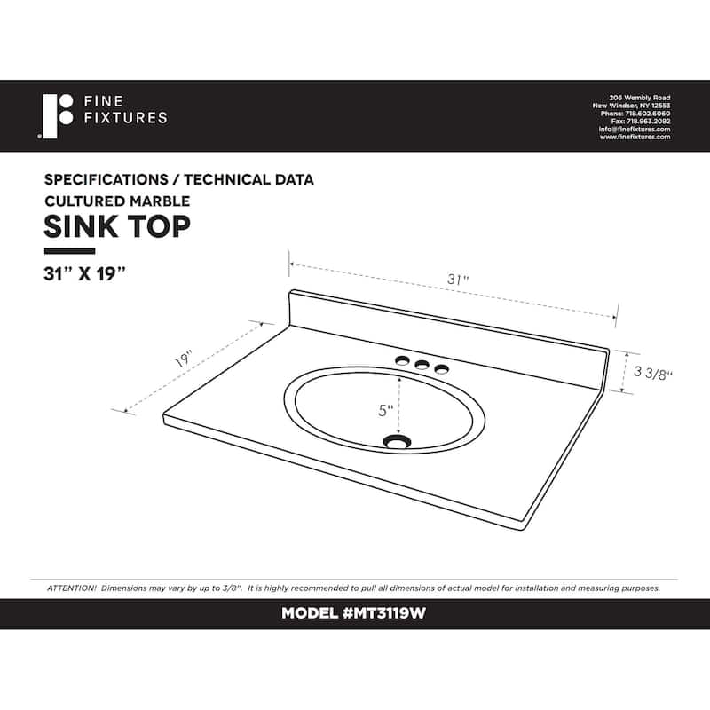 Fine Fixtures White Cultured Marble Top With Integrated Sink, 4" Backsplash and Overflow Included.
