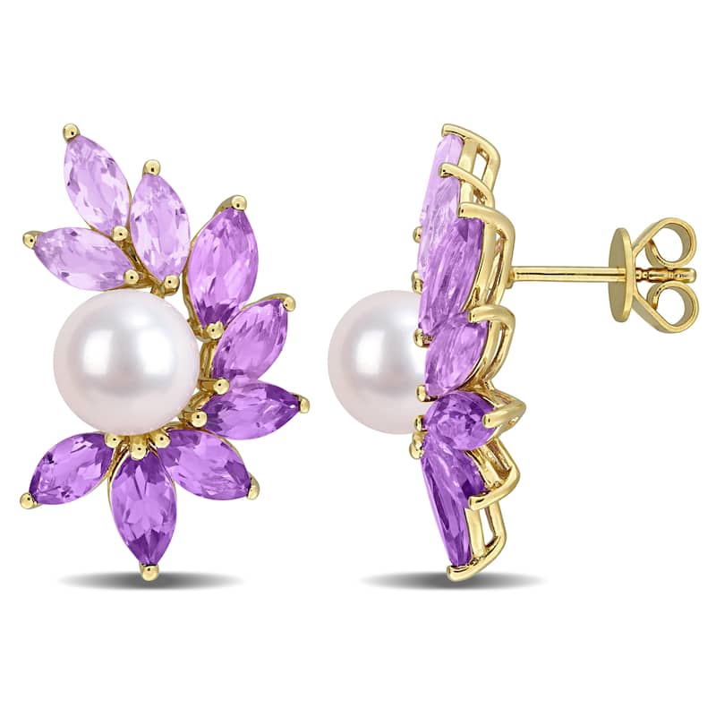 Miadora Cultured Freshwater Pearl and Gemstone Stud Earrings 14k Rose Gold or Yellow Silver - Purple