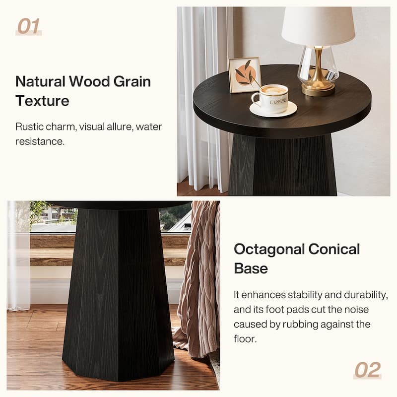 Farmhouse Round End Table, Wooden Couch Side Table with Octagonal Base