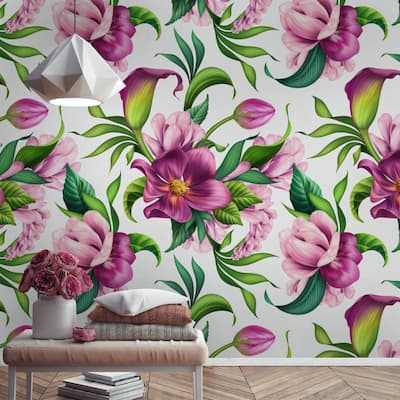 GK Wall Design Floral Pink Flower Calla Lily and Tulip Bouquet Removable Wallpaper