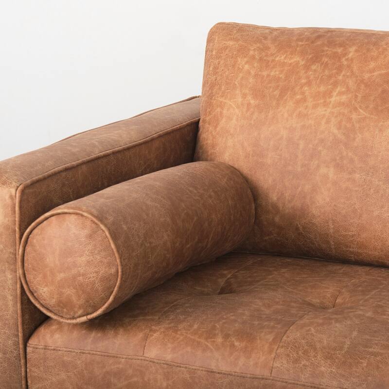 Loretta Cognac Brown Faux Leather Three Seater Sofa w/ Bolster Cushions - 87.9"W x 36.2"D x 33.8"H