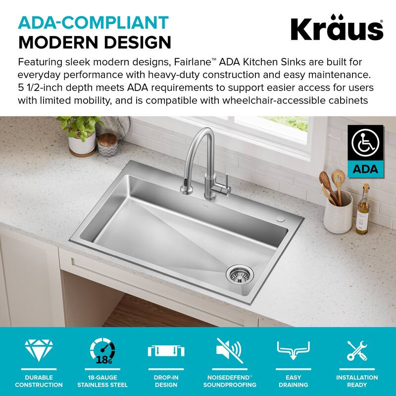 KRAUS Fairlane Drop In Top Mount 18 Gauge Stainless Steel Kitchen Sink