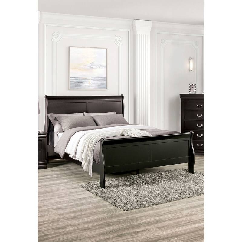 Queen Size Sleigh Bed in Black, Contemporary Style, Solid Wood Construction
