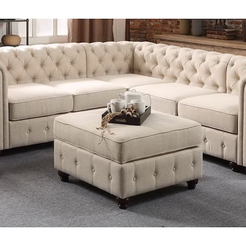 Moser Bay Garcia Tufted Linen Square Ottoman, Rectangle Ottoman, Storage Ottoman