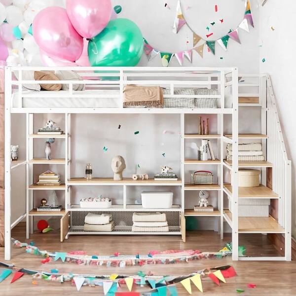 slide 2 of 31, Multifunctional Storage Design Loft Bed with Low Table,Full Size Heavy Duty Metal Loft Bed for Kids,Students White